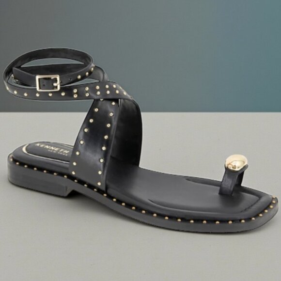 Kenneth Cole Ravenn Black Faux Leather Studded Sandal - Size 9 Med - Picture 1 of 14